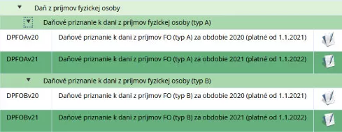 My sa zaujímame iba o Daň z príjmov fyzických osôb. Vyberieme si podľa potreby medzi formulárom Typ A alebo Typ B. Živnostníci použijú ako obvykle formulár Typ B.