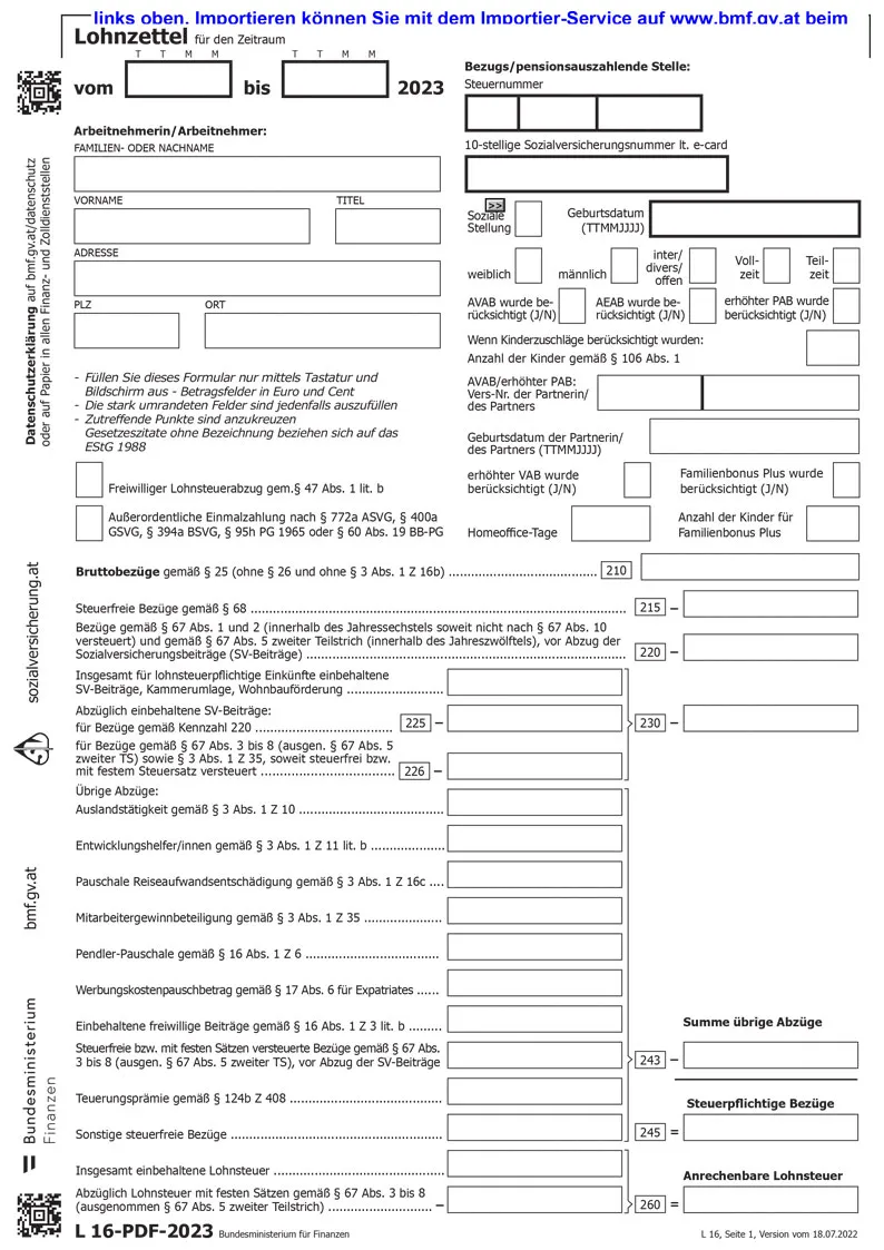 Model form Lohnzettel-L16 for filing a tax return in Austria