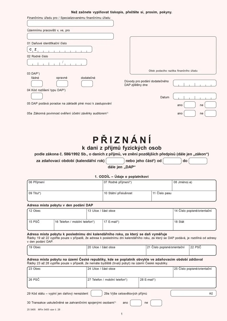 Model form for submitting a tax return in the Czech Republic